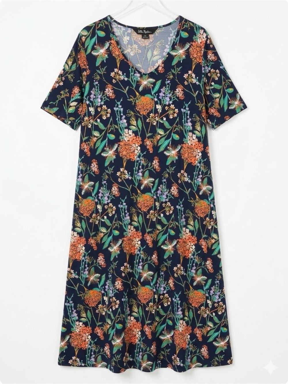 Ulla Popken Plus Comfy Boho Floral Matte Jersey Maxi Dress V-Neck Short Sleeve